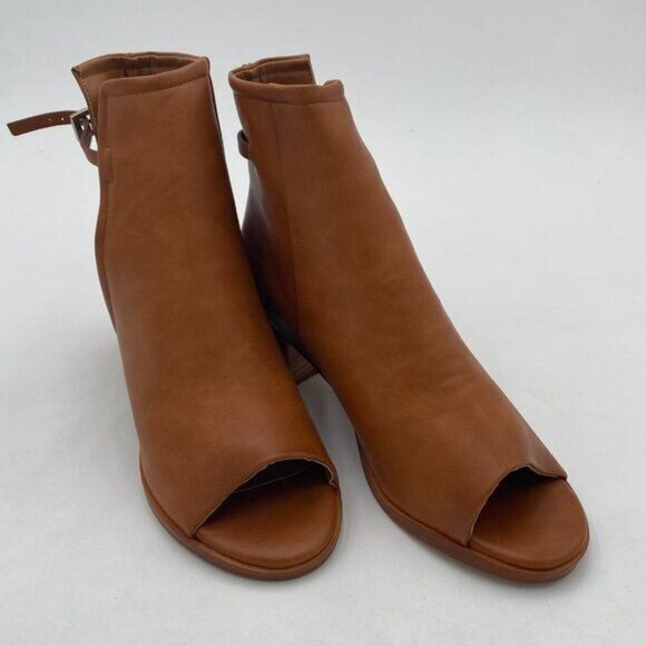 FSJ Brown Peep Open Toe Cut Out Buckle Ankle Bootie Block Low Heeled Shoes - Picture 4 of 8